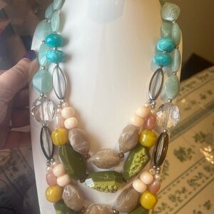 #15 VINTAGE Multicolor Statement Beaded Necklace - Green, Turquoise & Yellow